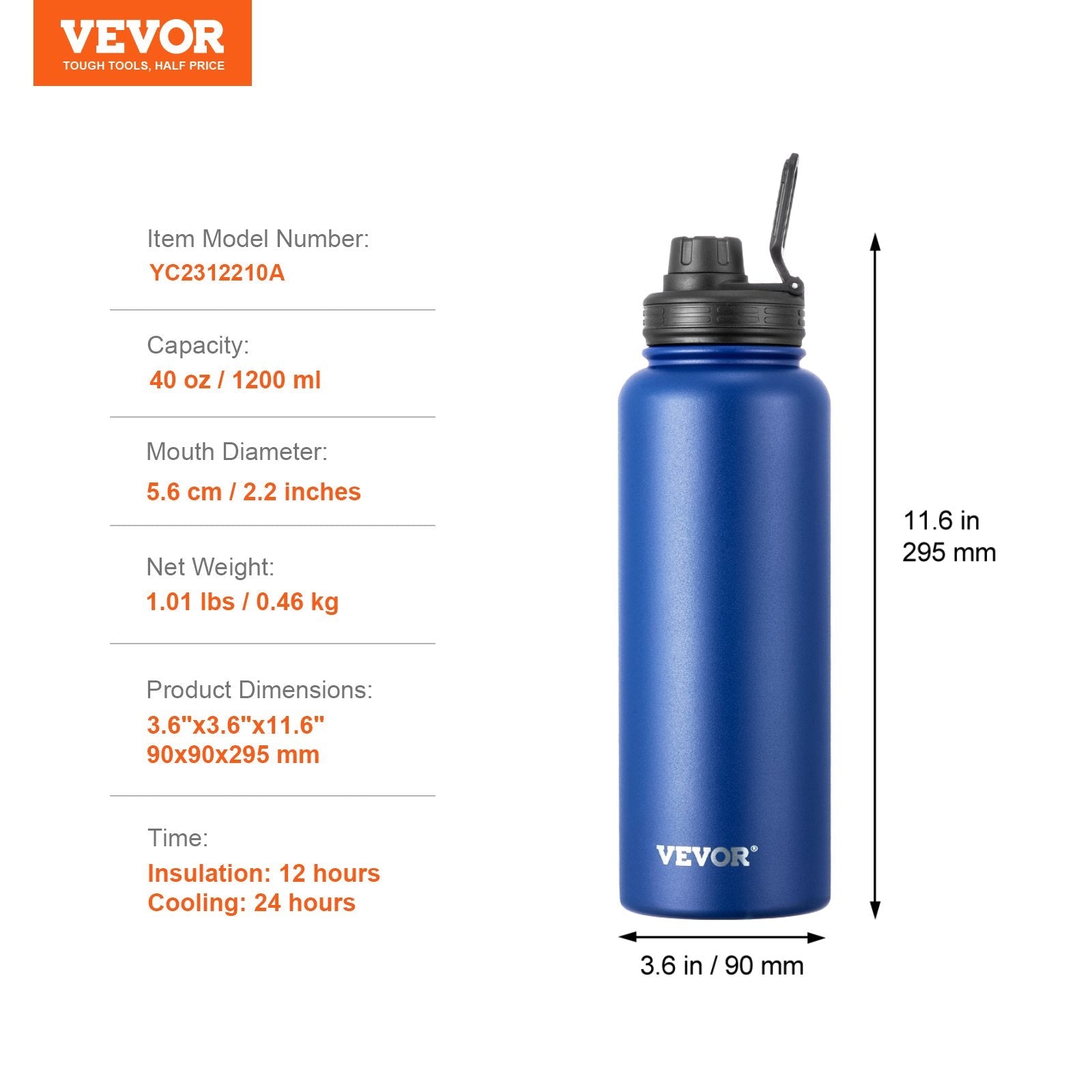 40oz Blue Stainless Steel Water Bottle
